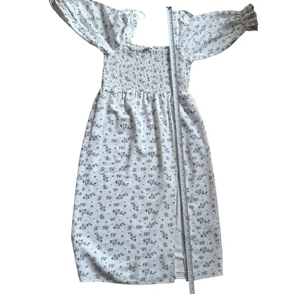 HOUSE OF HARLOW 1960 Smocked linen blend floral midi dress white blue size L - Picture 12 of 12
